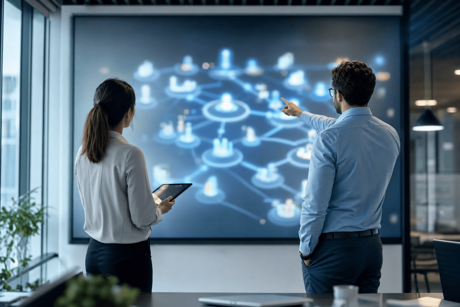 Team reviewing a connected-platforms network display