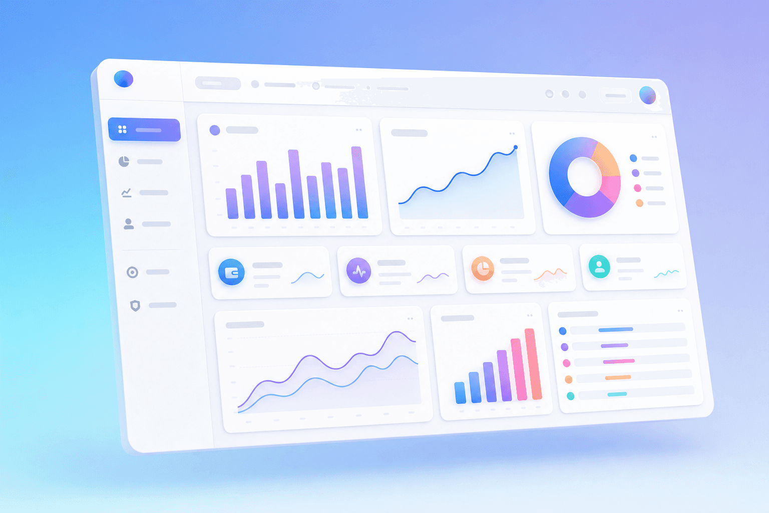 Abstract 3D visualization of glowing analytics dashboards