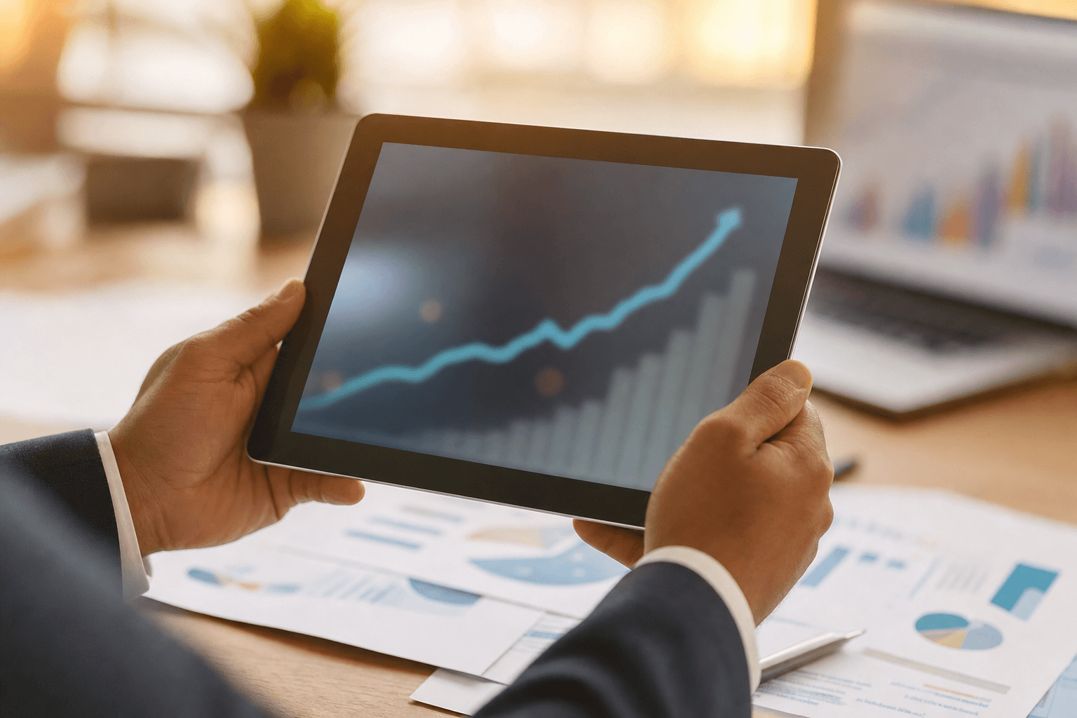 Hands holding a tablet with a rising growth curve